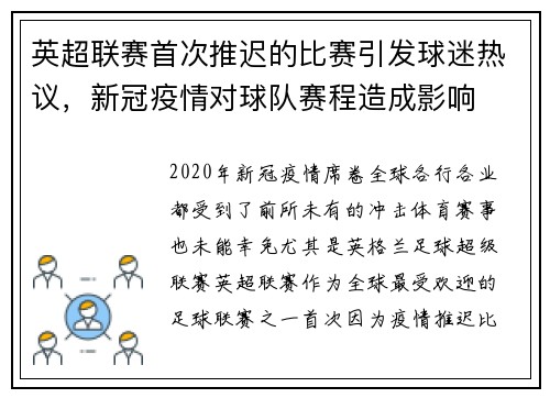 英超联赛首次推迟的比赛引发球迷热议，新冠疫情对球队赛程造成影响
